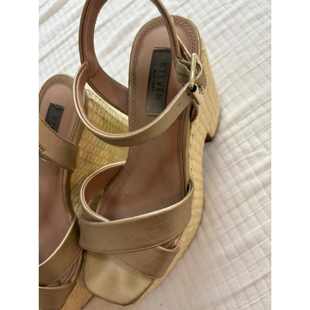 Steven women Rattan Platform Wedge Gold Strapy Sandal Size 7